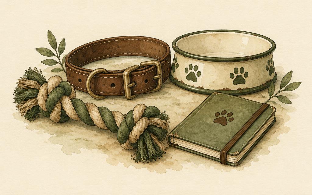 Collar, mecate de juego, plato y libreta